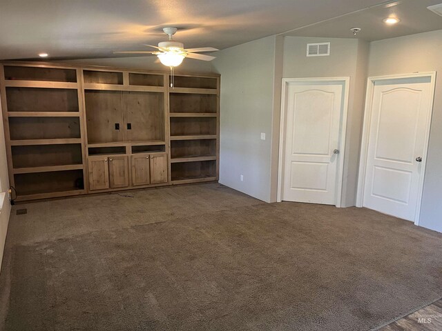 unfurnished living room featuring carpet floors, a ceiling fan, recessed lighting, and visible vents