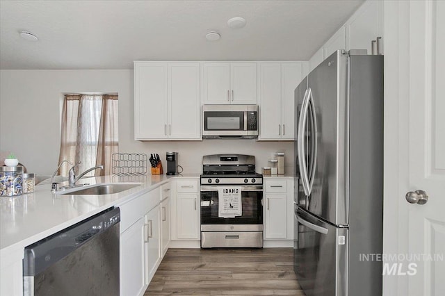 kitchen with appliances with stainless steel finishes, a sink, wood finished floors, light countertops, and white cabinetry