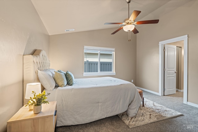 6296 W Mattawa Dr, Meridian, ID 83646 - bedroom with ceiling fan, carpet, vaulted ceiling, visible vents, and baseboards