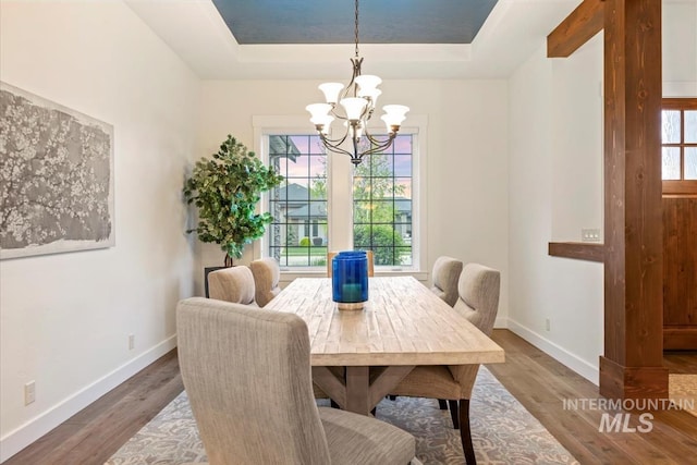 421 E Fishing Creek Ln, Eagle, ID 83616 - dining room featuring a tray ceiling, a chandelier, wood finished floors, and baseboards