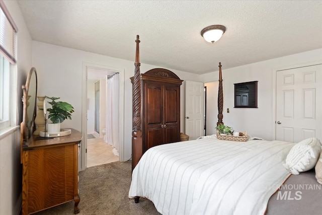 13343 N Horseshoe Bend Rd, Boise, ID 83714 - bedroom with light colored carpet, a textured ceiling, light tile patterned floors, and connected bathroom