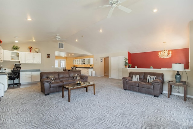 living room with lofted ceiling, light colored carpet, built in study area, baseboards, and ceiling fan with notable chandelier