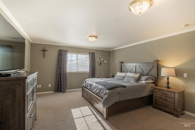 bedroom with ornamental molding, light colored carpet, and baseboards