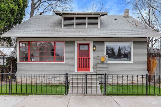 bungalow-style home with a fenced front yard, a chimney, roof with shingles, and a gate