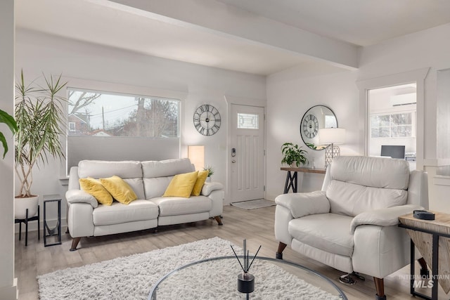 living room with baseboards, beam ceiling, a healthy amount of sunlight, and wood finished floors