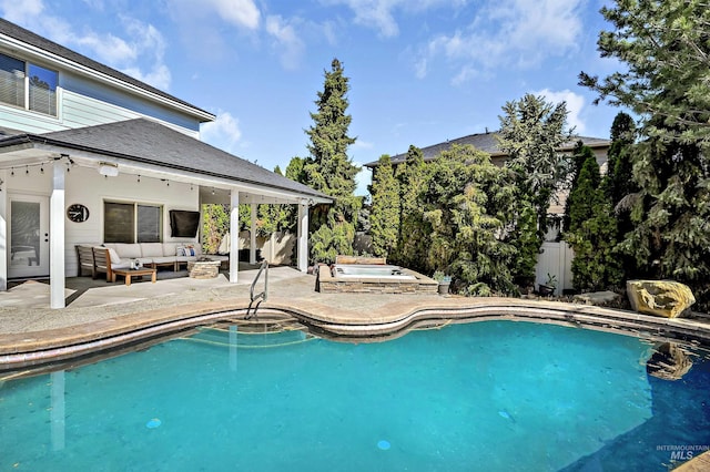 5278 N Cougar Flat Pl, Meridian, ID 83646 - view of swimming pool with fence, a patio, an outdoor living space, a fenced in pool, and a jacuzzi