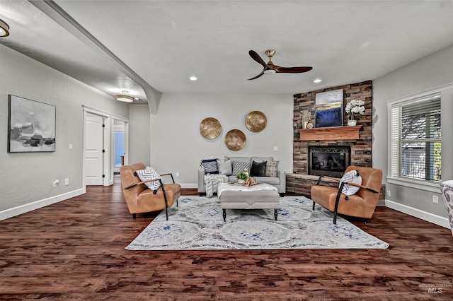 5278 N Cougar Flat Pl, Meridian, ID 83646 - living room featuring recessed lighting, a fireplace, ceiling fan, dark wood finished floors, and baseboards