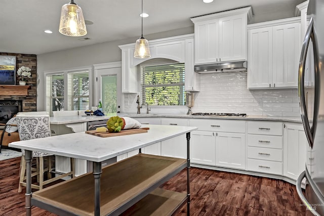 5278 N Cougar Flat Pl, Meridian, ID 83646 - kitchen with under cabinet range hood, white cabinetry, a sink, and appliances with stainless steel finishes