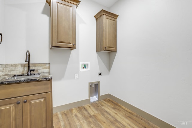 1487 Zephlyn St, Twin Falls, ID 83301 - clothes washing area featuring sink, cabinets, washer hookup, light hardwood / wood-style floors, and hookup for an electric dryer