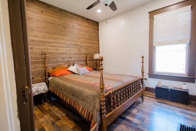 599 S Ada St, Glenns Ferry, ID 83623 - bedroom with wood finished floors, wooden walls, recessed lighting, and ceiling fan