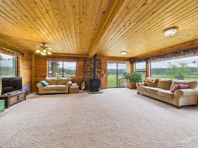 19 Hack Ln, Idaho City, ID 83631 - living room with a wood stove, wooden ceiling, wood walls, carpet, and healthy amount of natural light