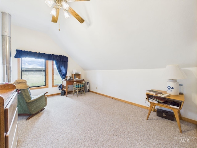 19 Hack Ln, Idaho City, ID 83631 - sitting room with baseboards, vaulted ceiling, carpet flooring, and ceiling fan
