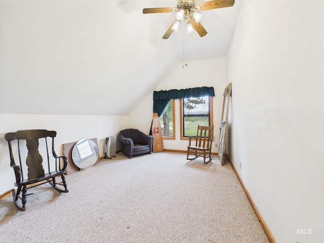 19 Hack Ln, Idaho City, ID 83631 - sitting room featuring carpet floors, vaulted ceiling, a ceiling fan, and baseboards