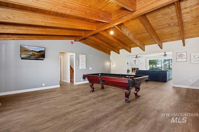 rec room featuring vaulted ceiling with beams, wood ceiling, hardwood / wood-style floors, and billiards