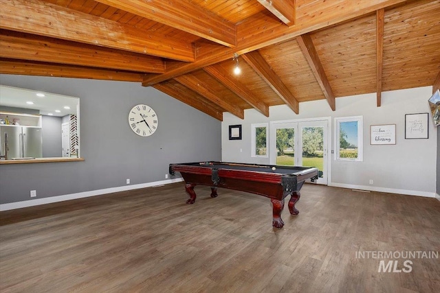 rec room featuring wood ceiling, lofted ceiling with beams, dark wood-type flooring, and billiards