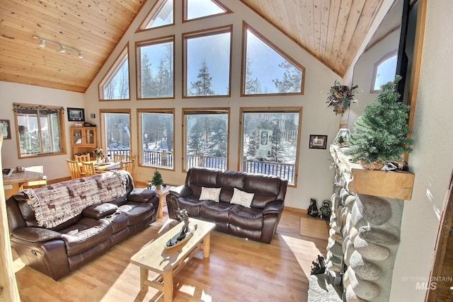 living room featuring rail lighting, high vaulted ceiling, light wood-type flooring, and wood ceiling