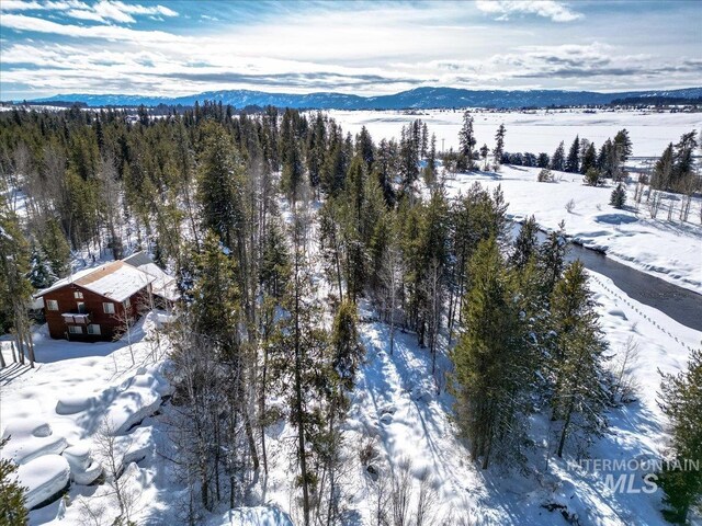 14187 Hancock Rd, Mccall, ID 83638 - snowy aerial view featuring a mountain view and a wooded view