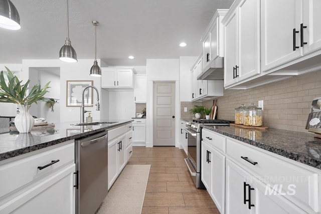 kitchen featuring a sink, stainless steel appliances, under cabinet range hood, white cabinetry, and decorative backsplash