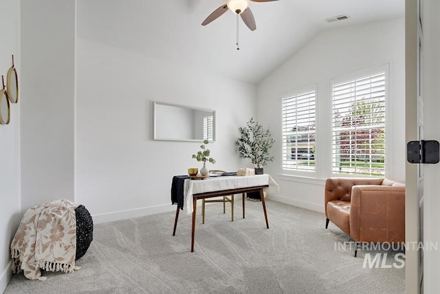 office with carpet, lofted ceiling, baseboards, and a ceiling fan