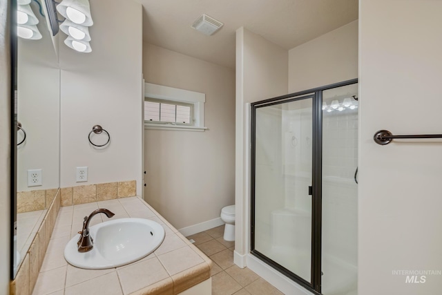 full bathroom with tile patterned flooring, toilet, visible vents, vanity, and a stall shower