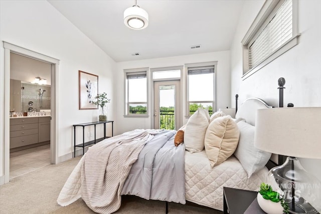 2381 E Warm Spgs, Boise, ID 83712 - carpeted bedroom with lofted ceiling, access to exterior, ensuite bath, and baseboards