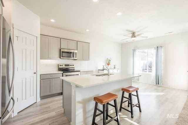 kitchen with appliances with stainless steel finishes, tasteful backsplash, sink, gray cabinetry, and a center island with sink