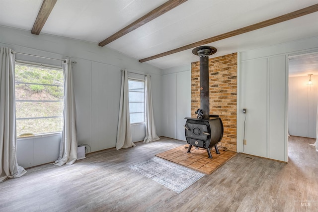 living area featuring a decorative wall, a wealth of natural light, a wood stove, and light wood-style floors