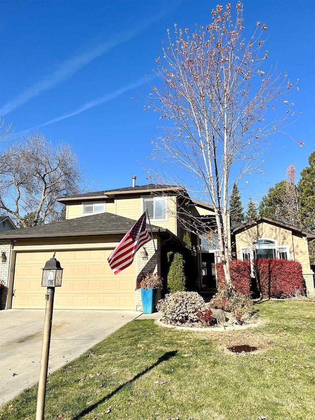 view of side of home featuring a lawn and a garage