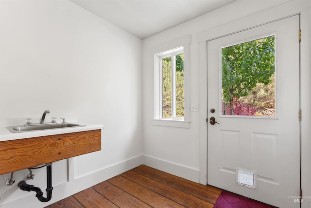 doorway to outside featuring dark hardwood / wood-style floors and sink