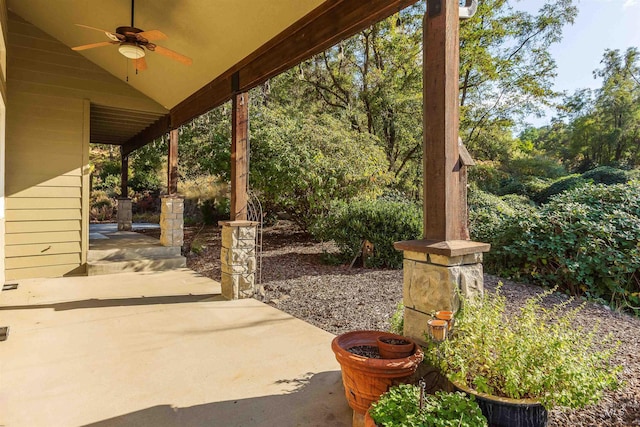 view of patio featuring ceiling fan