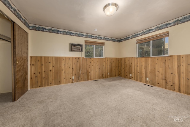 carpeted empty room featuring wooden walls and a wealth of natural light