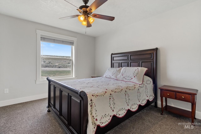 bedroom featuring baseboards, a ceiling fan, and carpet flooring