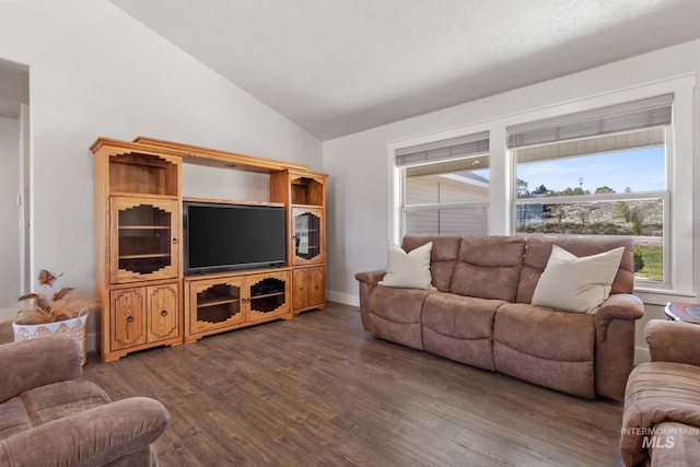 living area featuring lofted ceiling and dark wood-style flooring