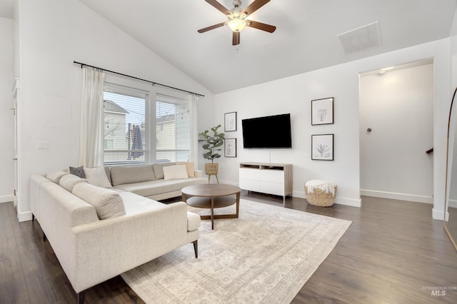 2935 NW 8th Ave, Meridian, ID 83646 - living area featuring a ceiling fan, baseboards, dark wood-style flooring, and high vaulted ceiling