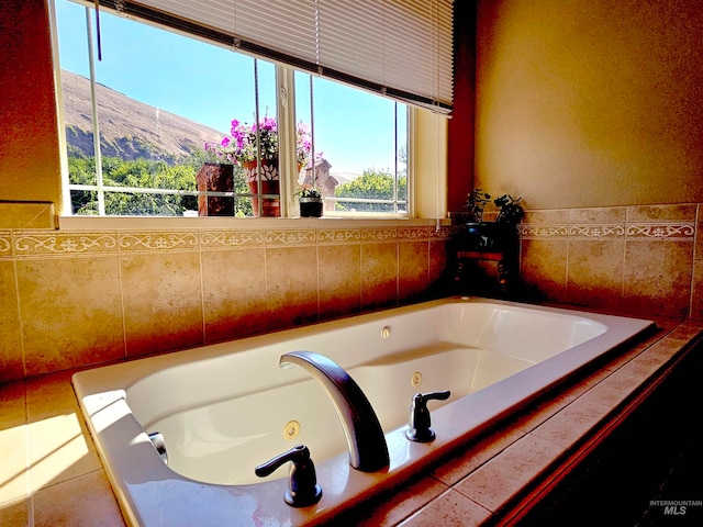 bathroom featuring a mountain view