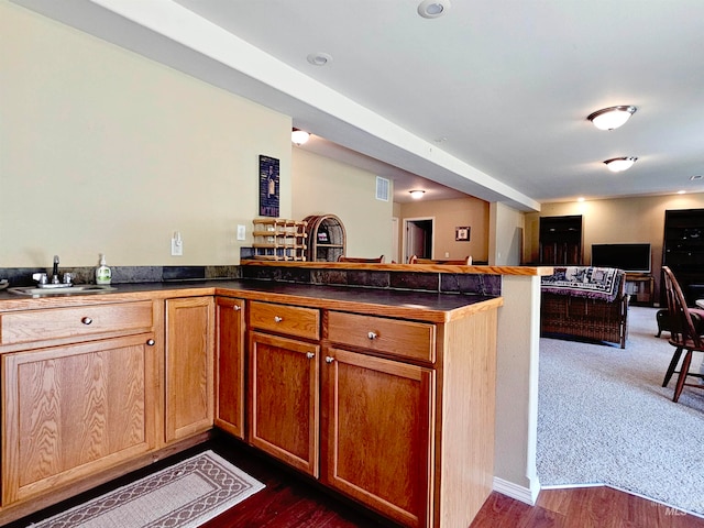 kitchen featuring sink, kitchen peninsula, and dark carpet