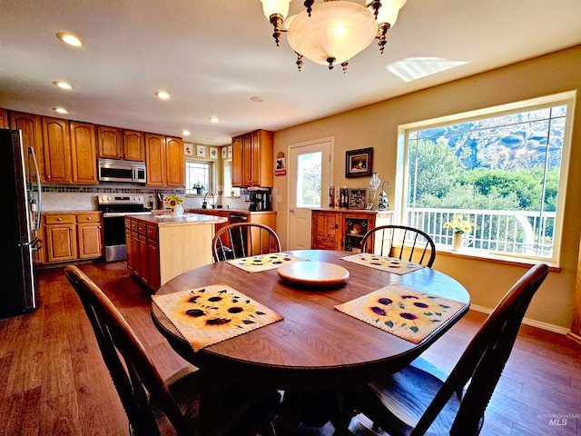 dining space featuring dark hardwood / wood-style floors and sink