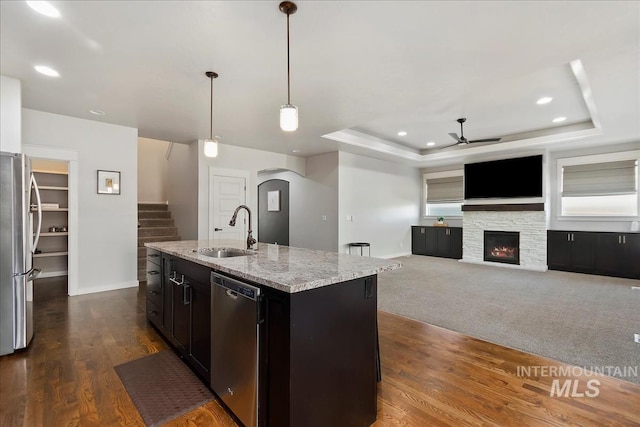 kitchen with sink, a kitchen island with sink, hanging light fixtures, stainless steel appliances, and a tray ceiling