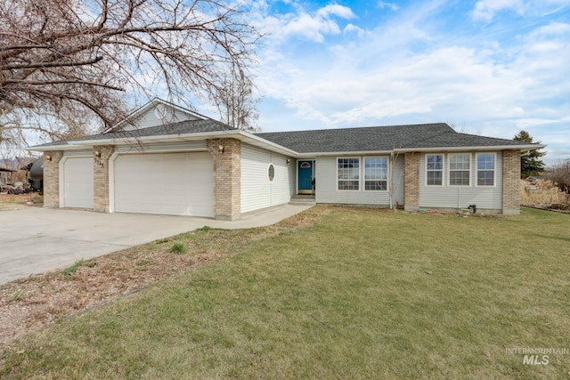 ranch-style house with a front lawn, entry steps, concrete driveway, a garage, and brick siding