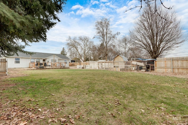 view of yard with a deck and a fenced backyard