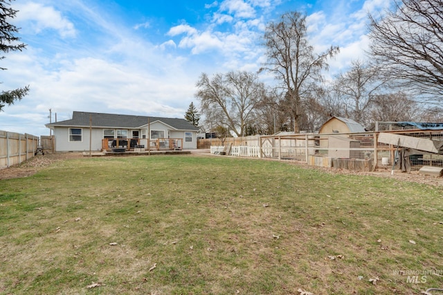 view of yard with a fenced backyard and a wooden deck