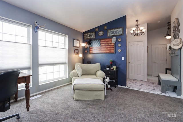 sitting room with vaulted ceiling, a notable chandelier, carpet, and baseboards