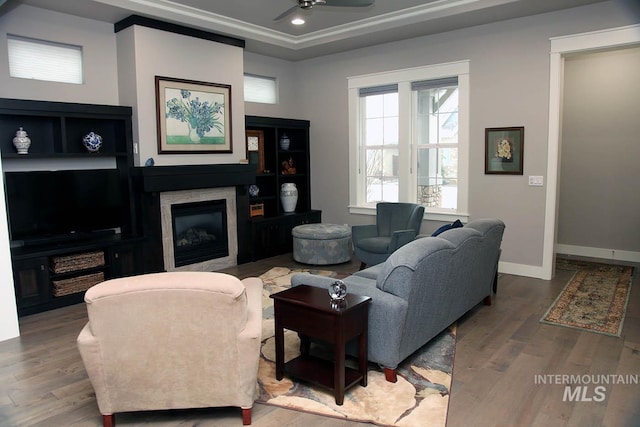 living room with ceiling fan, wood finished floors, baseboards, and a premium fireplace