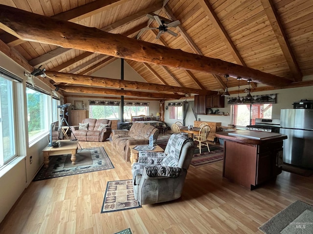 unfurnished living room with ceiling fan, wood ceiling, light hardwood / wood-style flooring, and vaulted ceiling with beams