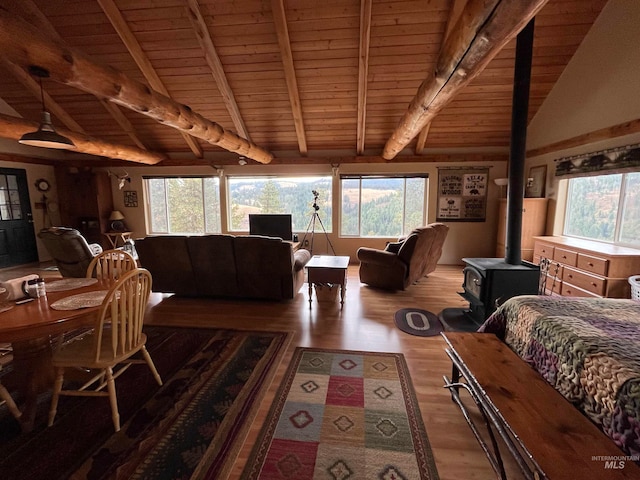 living room with a wood stove, a wealth of natural light, hardwood / wood-style flooring, and wooden ceiling