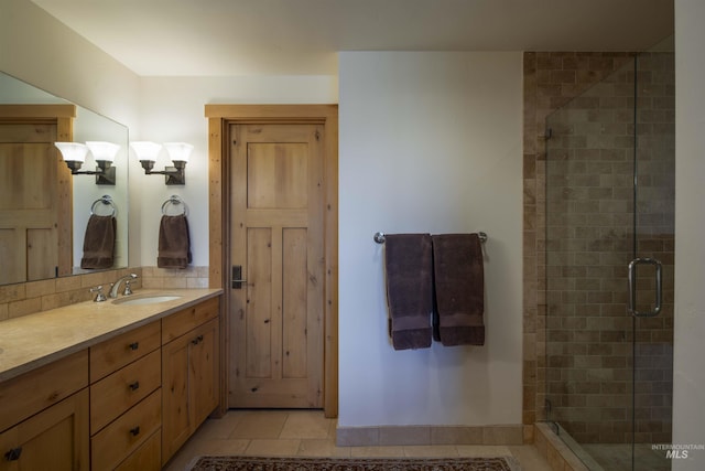 109 Angani Way Unit 15, Sun Valley, ID 83353 - bathroom with vanity, a stall shower, tasteful backsplash, and tile patterned floors