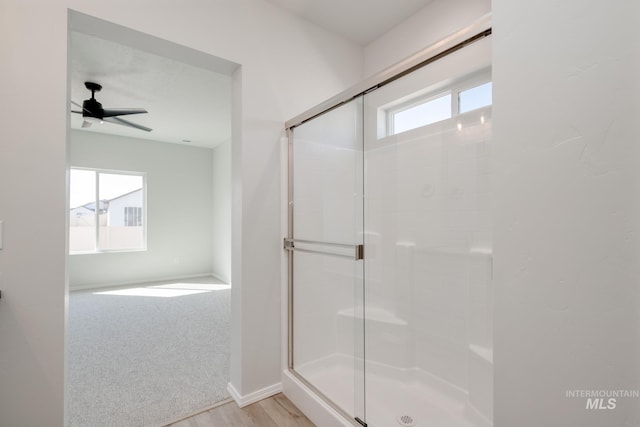 full bath featuring a ceiling fan, a stall shower, and a wealth of natural light