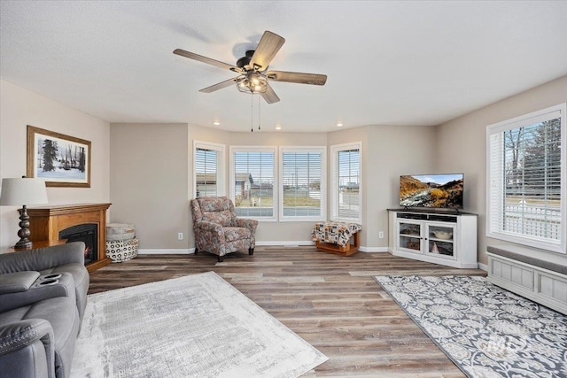 living room with light hardwood / wood-style flooring and ceiling fan