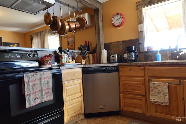 kitchen featuring sink, ventilation hood, dishwasher, electric stove, and decorative backsplash