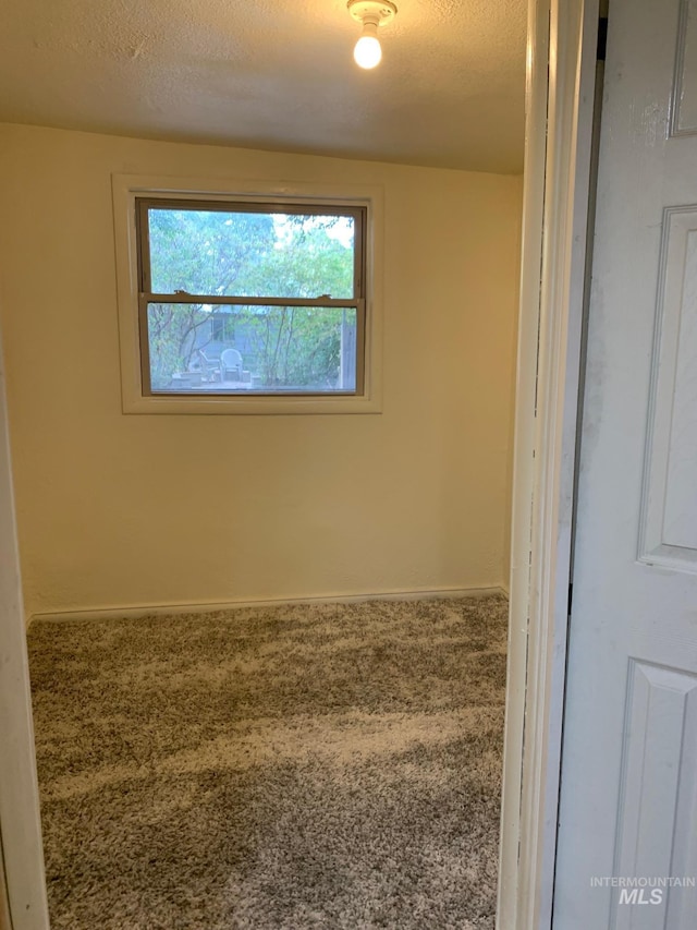 unfurnished room with a textured ceiling and carpet floors